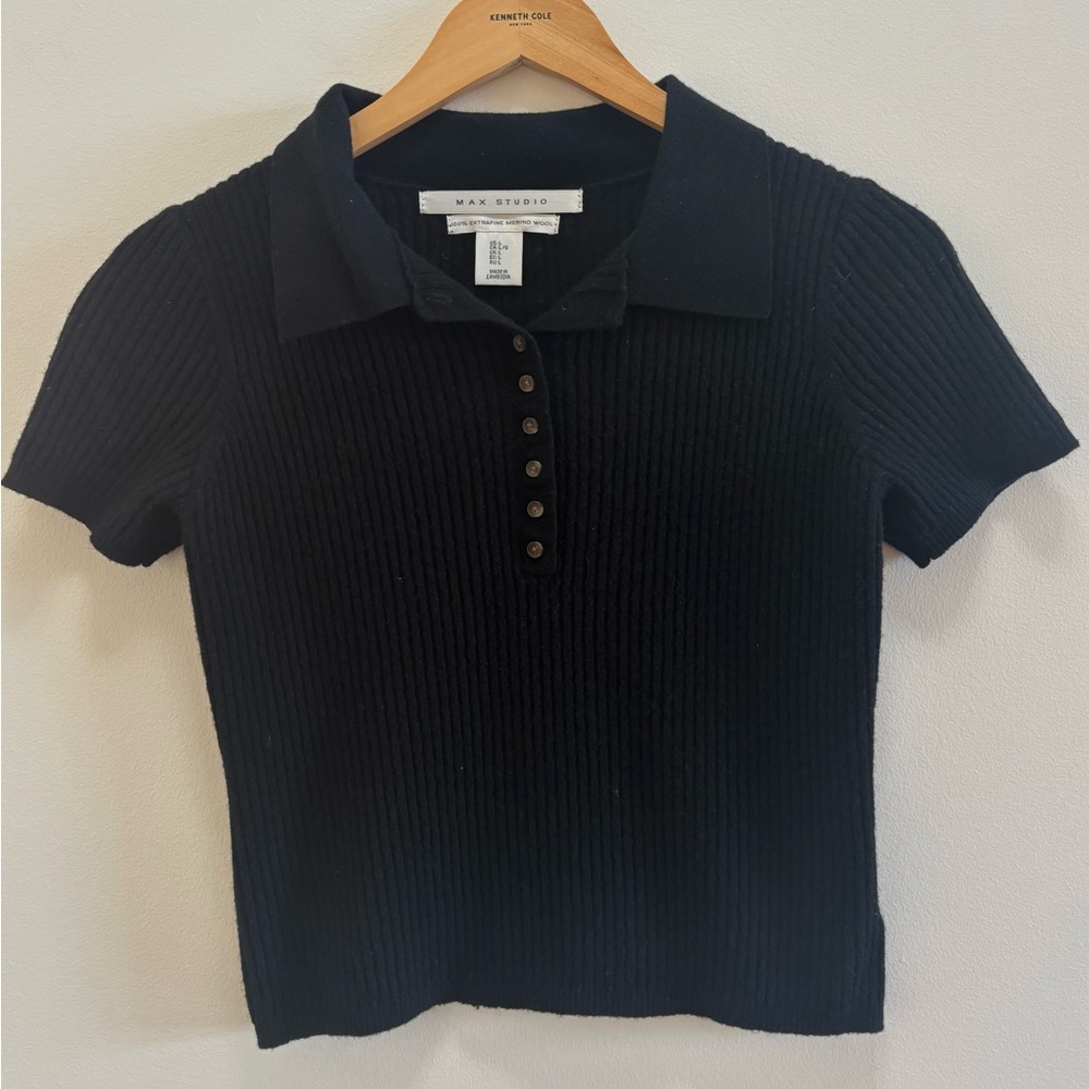 Max Studio Merino Wool Black Ribbed Polo Top